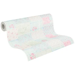 Vliestapete Blumen Patchwork Karo Blau Weiß Rosa