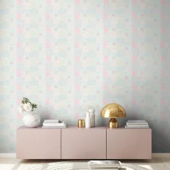 Vliestapete Blumen Patchwork Karo Blau Weiß Rosa