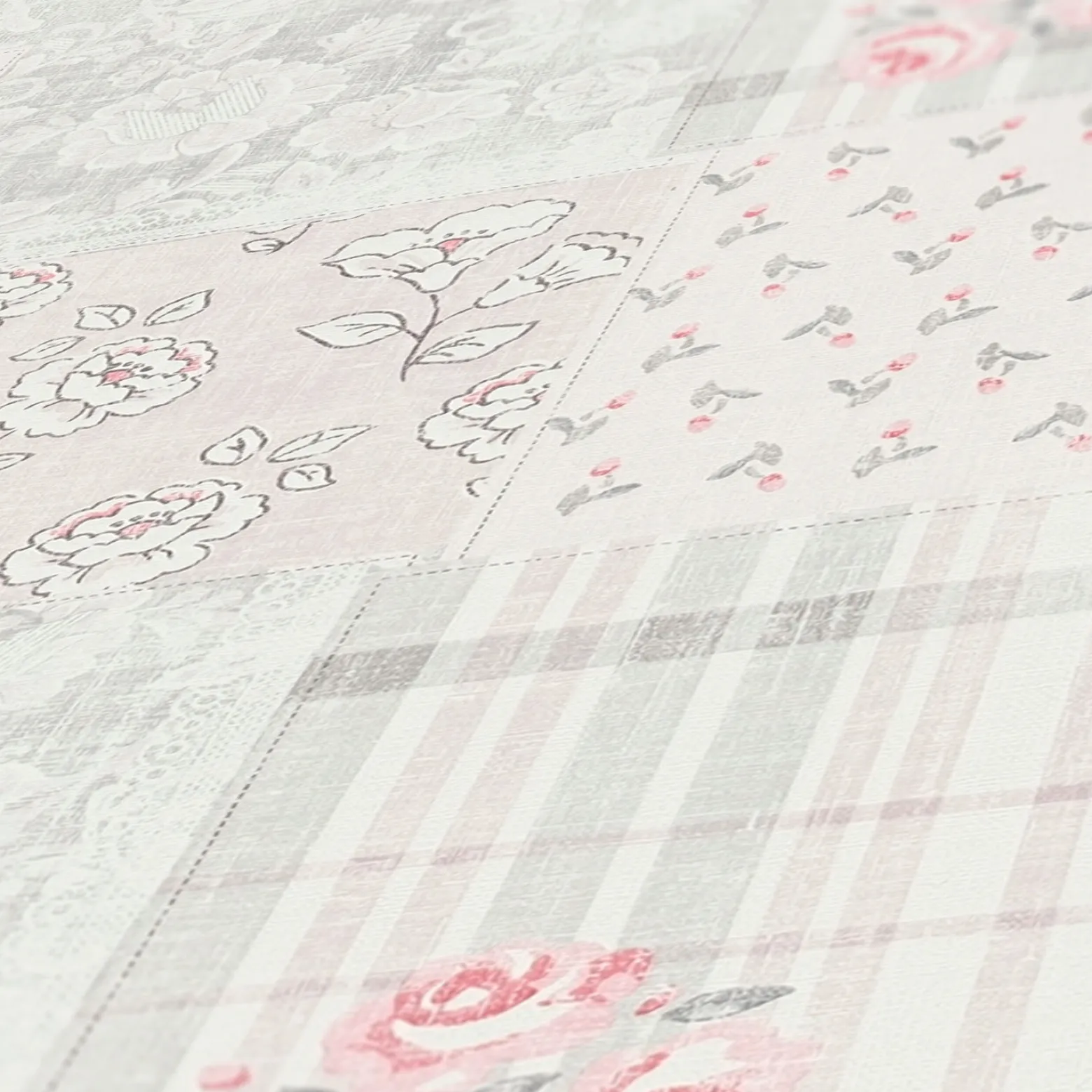 Vliestapete Blumen Patchwork Karo Rosa Grau Weiß