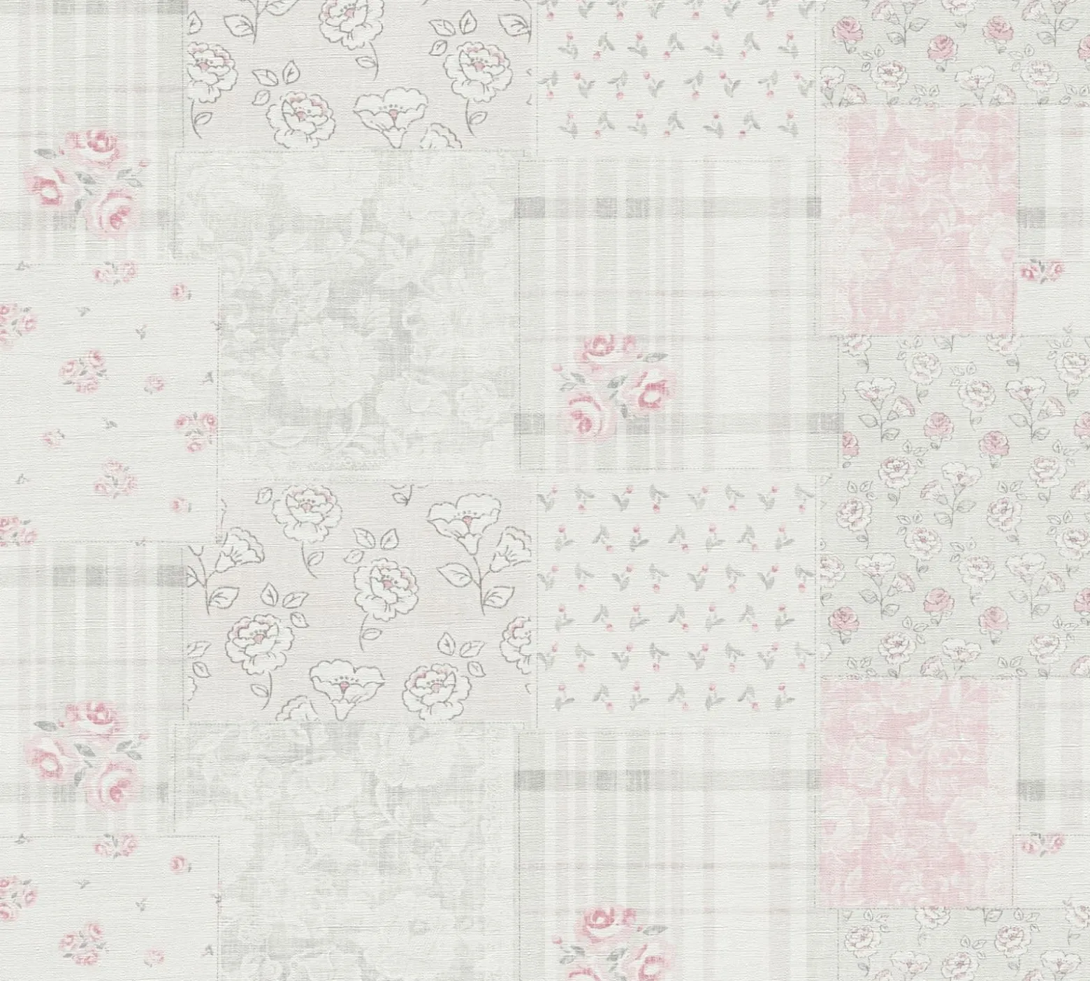 Vliestapete Blumen Patchwork Karo Rosa Grau Weiß
