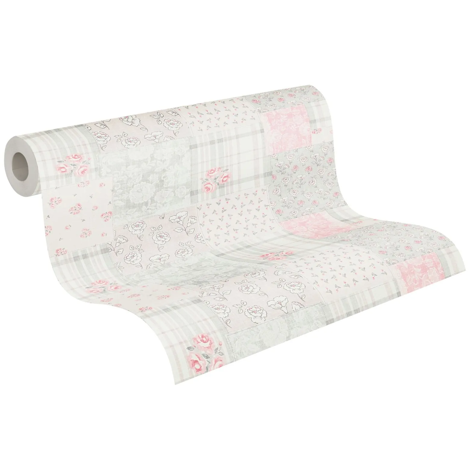 Vliestapete Blumen Patchwork Karo Rosa Grau Weiß