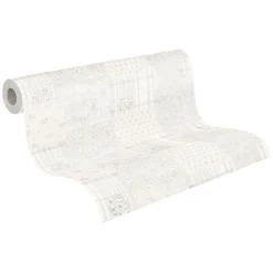 Vliestapete Blumen Patchwork Karo Hellgrau Weiß 39066-2