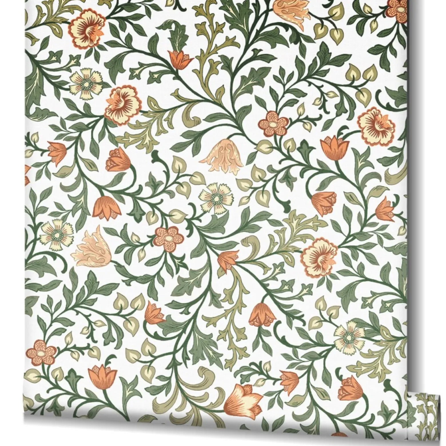 Vliestapete Blumen Ranken Weiß Grün Orange 47626