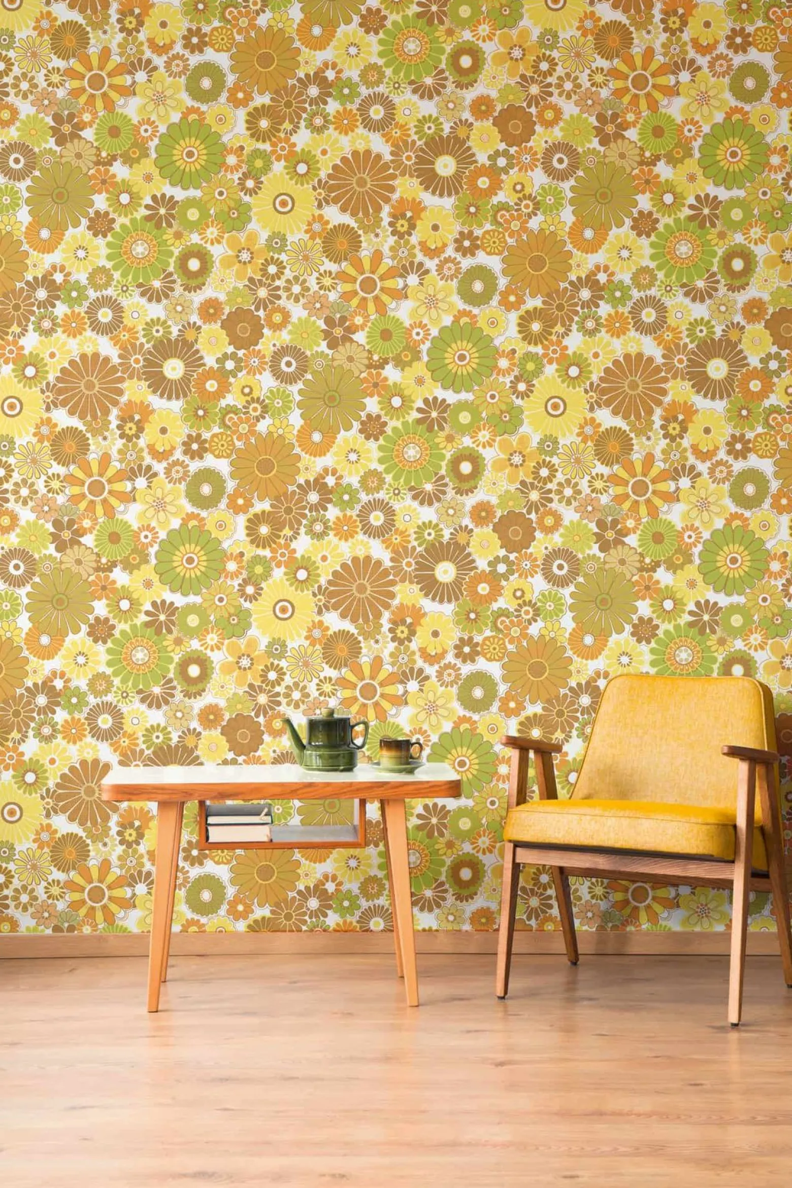 Vliestapete Blumen Retro Floral Orange Grün 39535-5