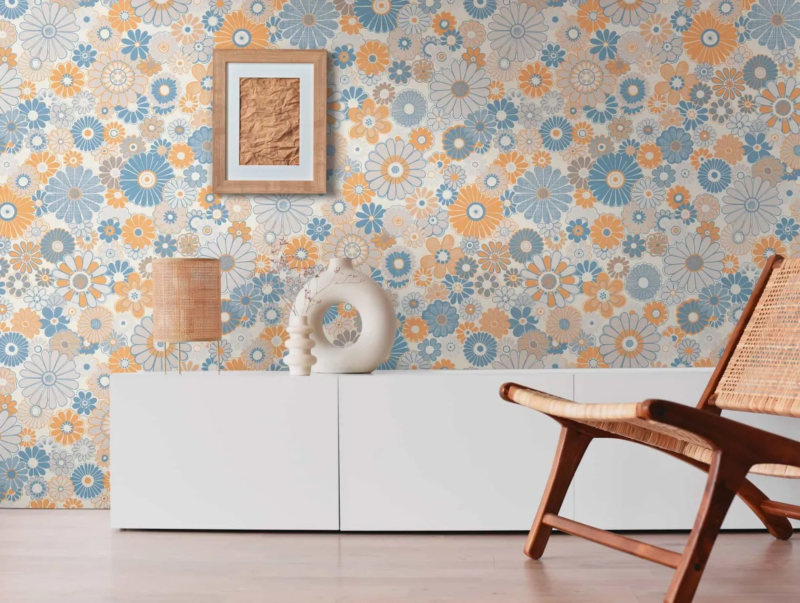Vliestapete Blumen Retro Floral Blau Orange 39535-2