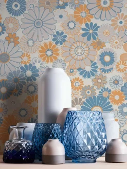 Vliestapete Blumen Retro Floral Blau Orange 39535-2