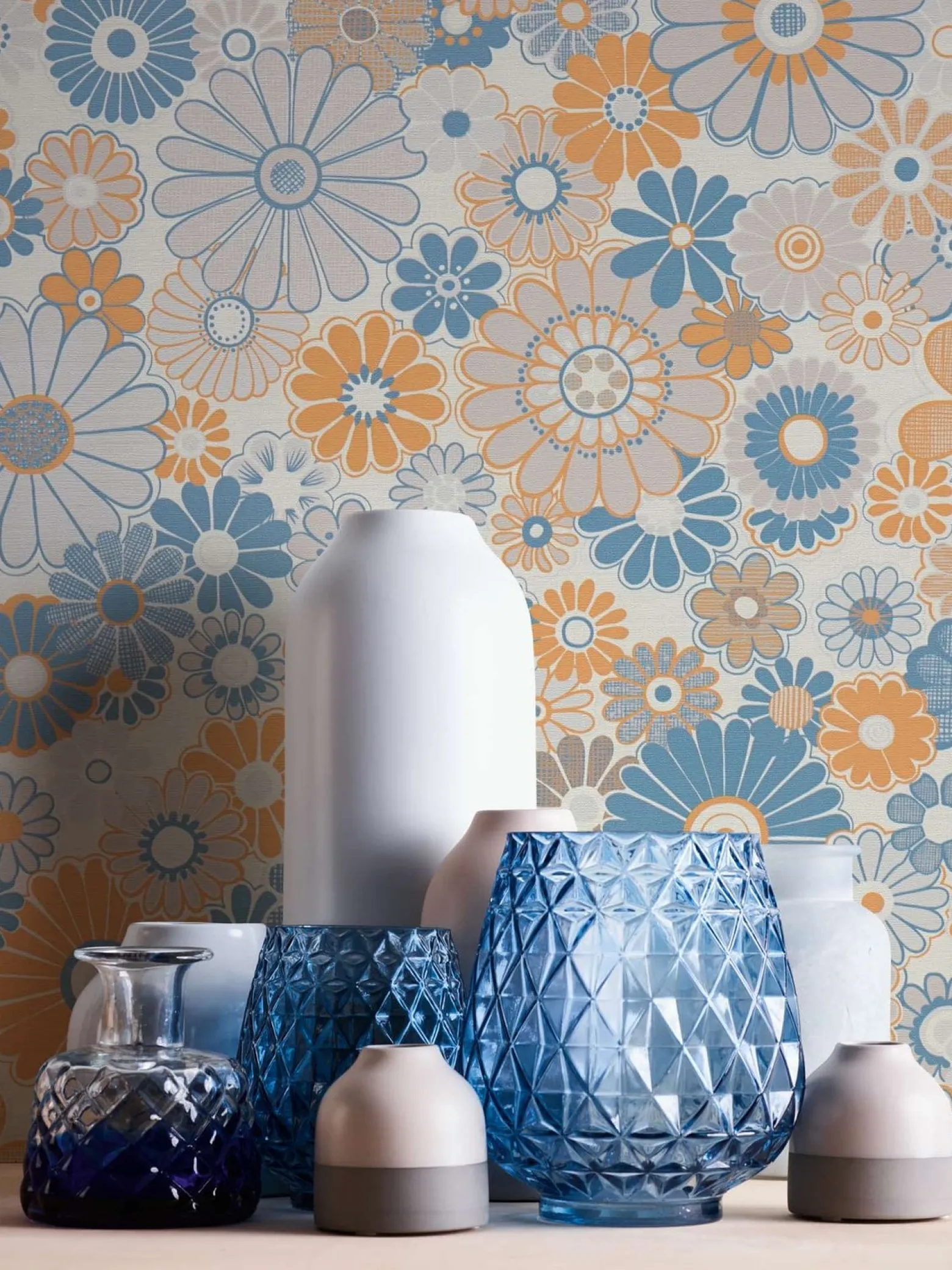 Vliestapete Blumen Retro Floral Blau Orange 39535-2