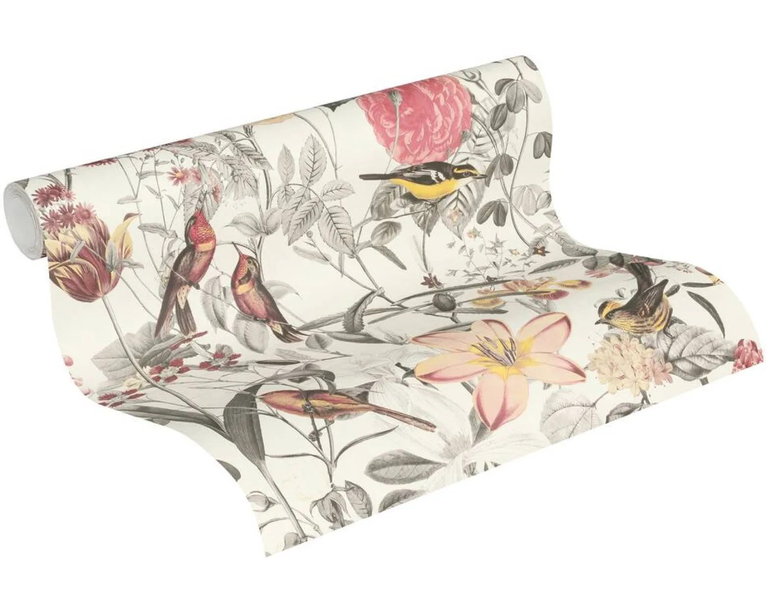 Vliestapete Blumen Vögel Floral weiß gelb grau 37276-1
