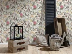 Vliestapete Blumen Vögel Floral weiß gelb grau 37276-1
