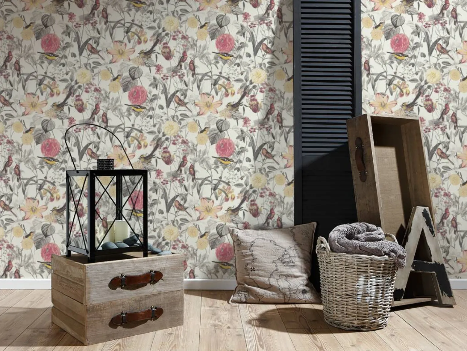 Vliestapete Blumen Vögel Floral weiß gelb grau 37276-1