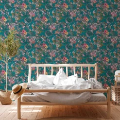 Vliestapete Blumen Vögel Floral türkis bunt 38178-3