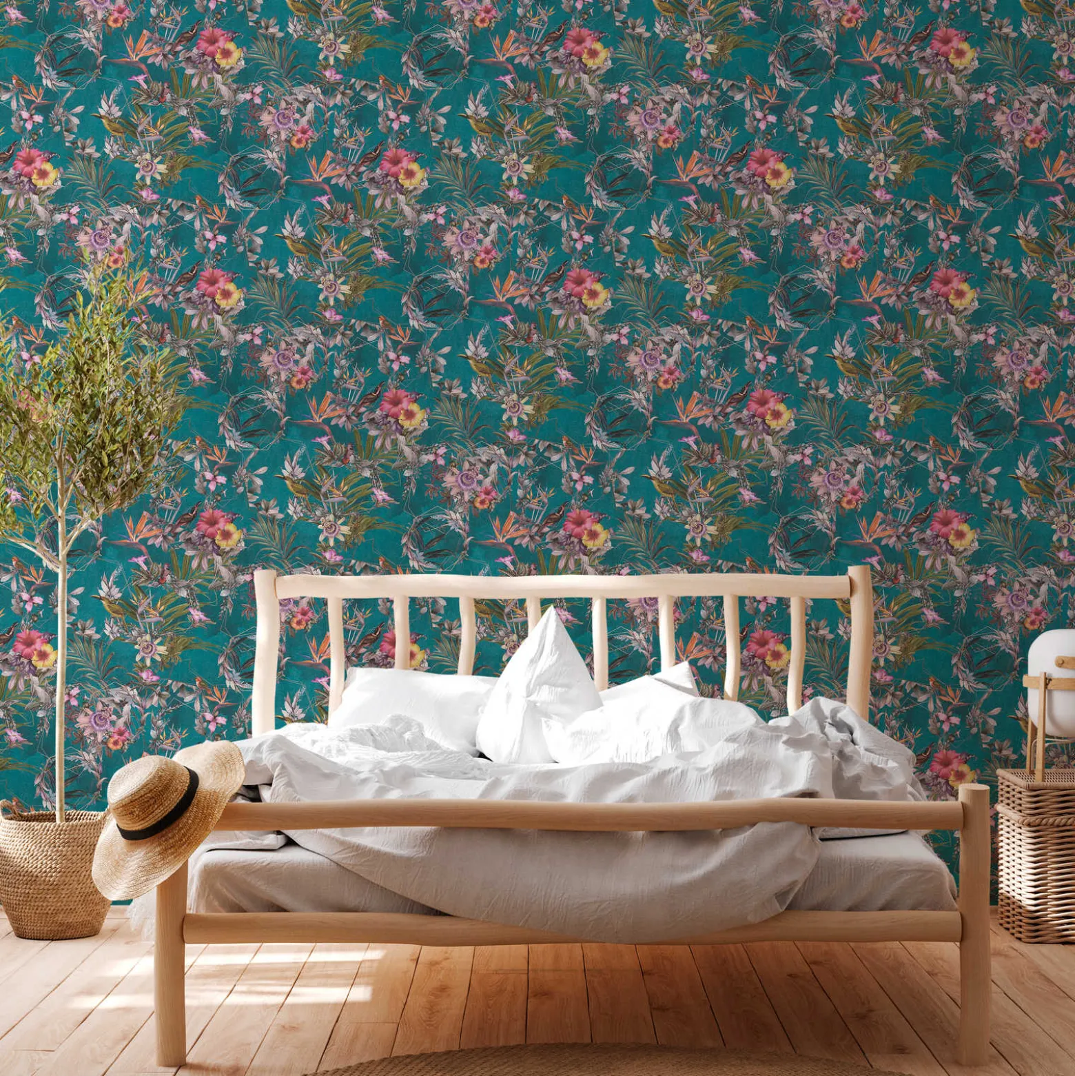 Vliestapete Blumen Vögel Floral türkis bunt 38178-3