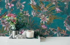 Vliestapete Blumen Vögel Floral türkis bunt 38178-3