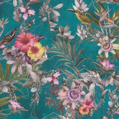 Vliestapete Blumen Vögel Floral türkis bunt 38178-3