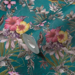 Vliestapete Blumen Vögel Floral türkis bunt 38178-3