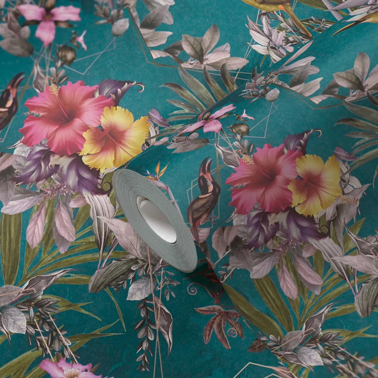 Vliestapete Blumen Vögel Floral türkis bunt 38178-3