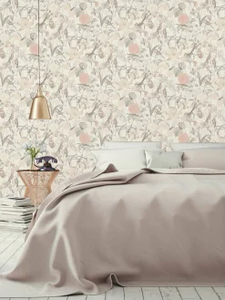 Vliestapete Blumen Vögel Floral wieß rosa grau 37276-2