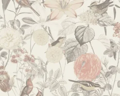 Vliestapete Blumen Vögel Floral wieß rosa grau 37276-2