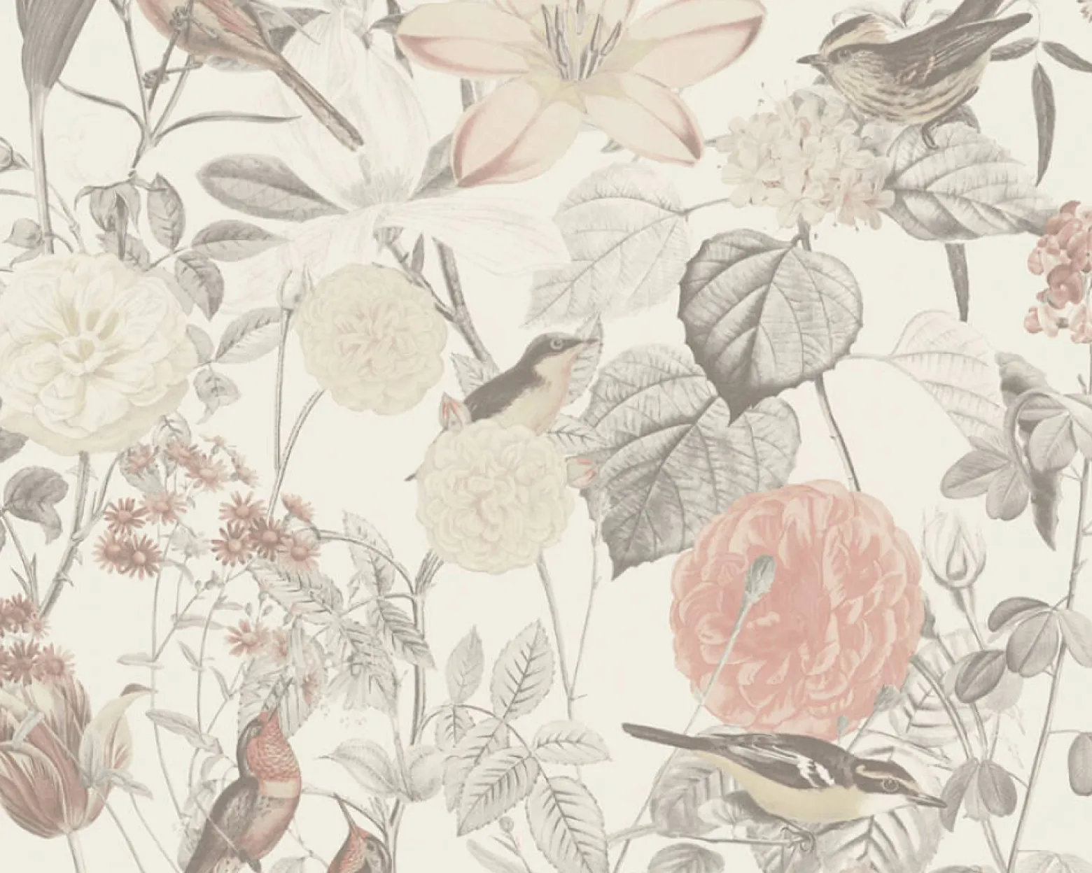 Vliestapete Blumen Vögel Floral wieß rosa grau 37276-2
