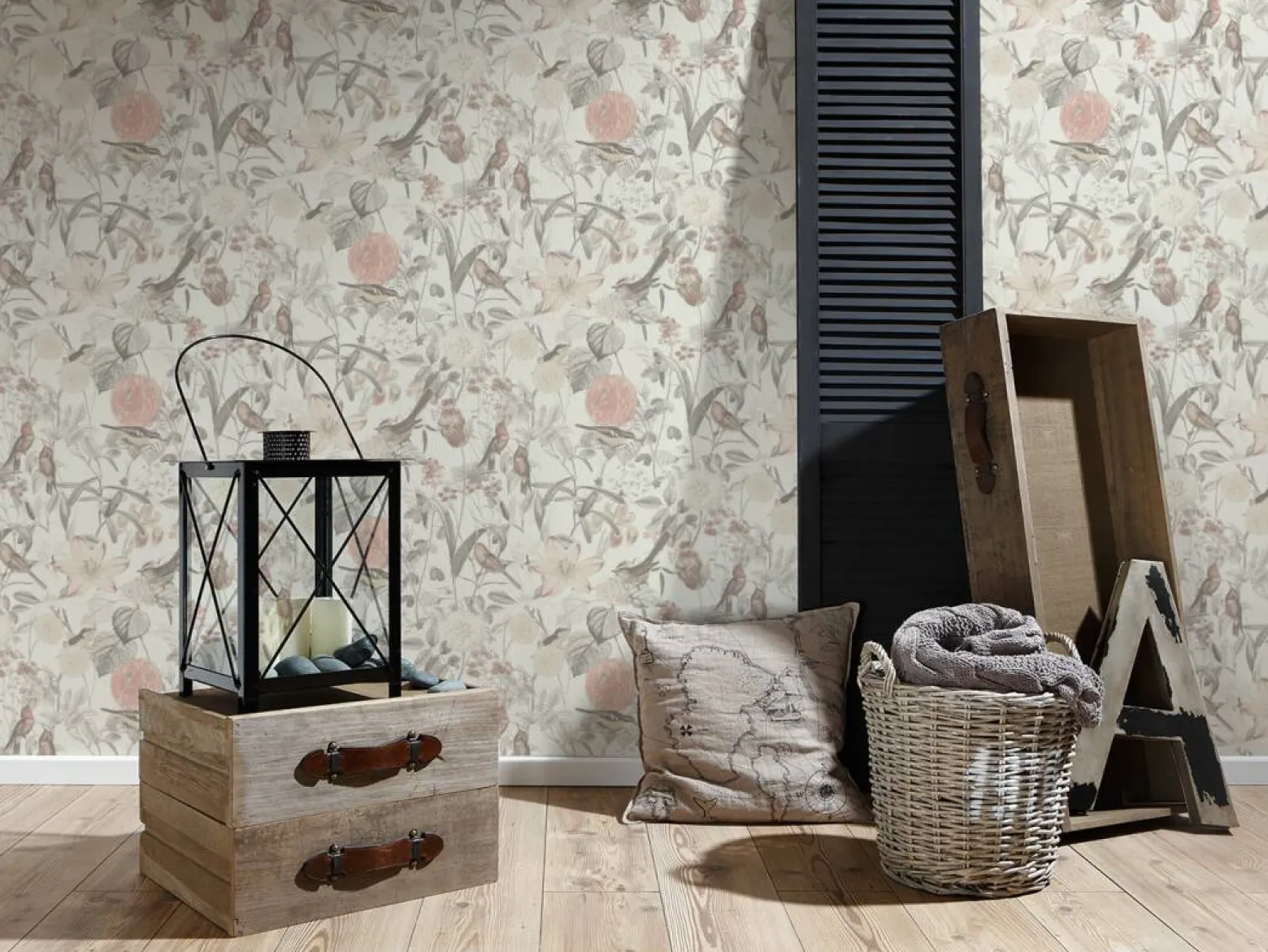 Vliestapete Blumen Vögel Floral wieß rosa grau 37276-2