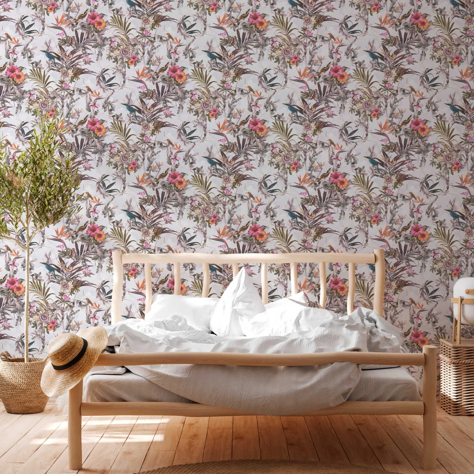 Vliestapete Blumen Vögel Floral hellblau bunt 38178-7