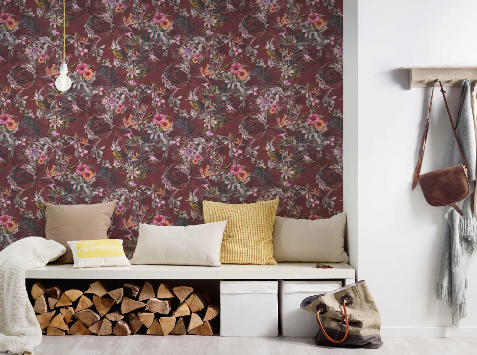 Vliestapete Blumen Vögel Floral rot bunt 38178-5