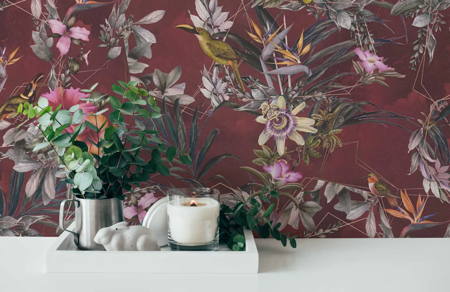 Vliestapete Blumen Vögel Floral rot bunt 38178-5