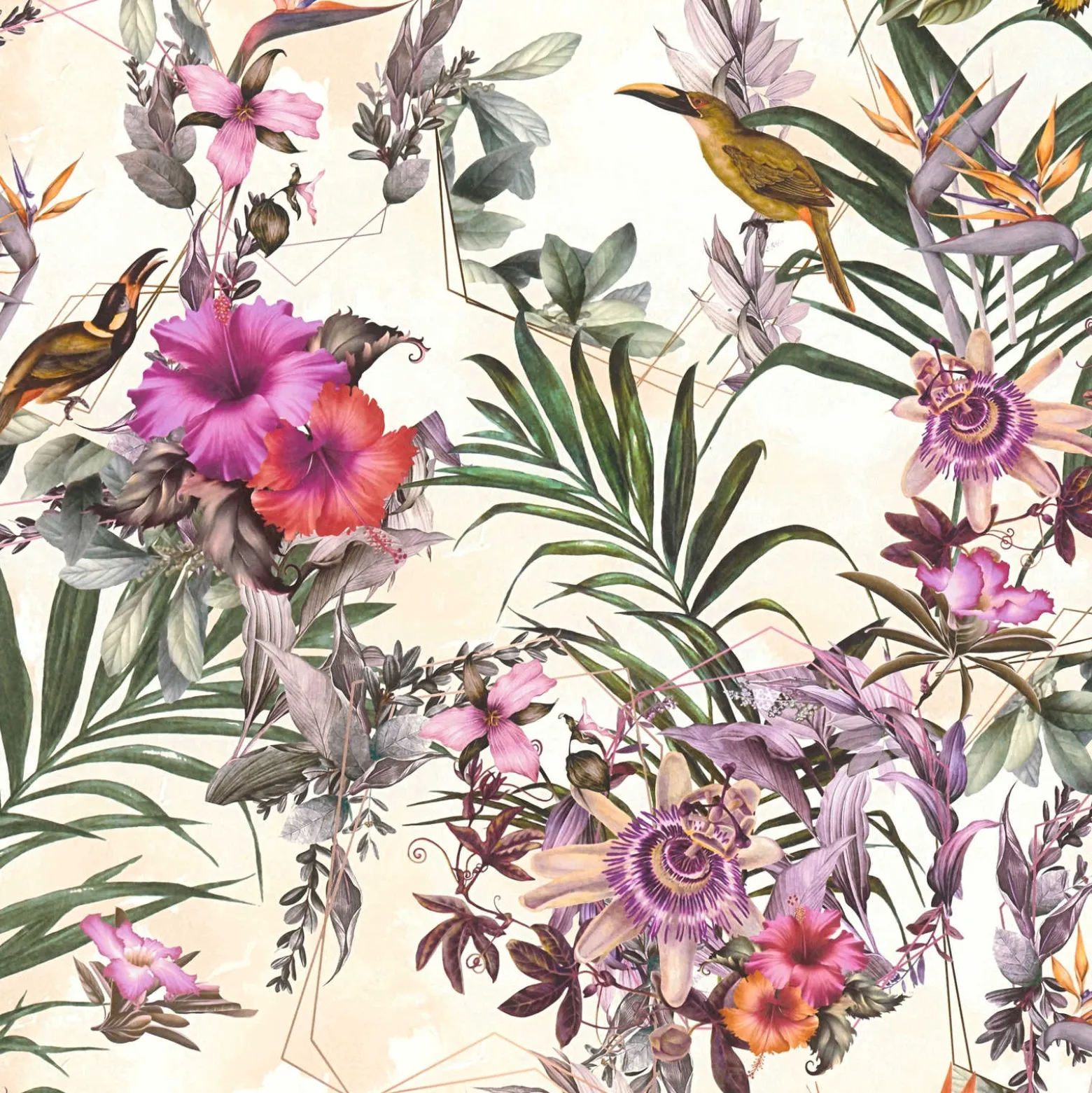 Vliestapete Blumen Vögel Floral creme bunt 38178-6