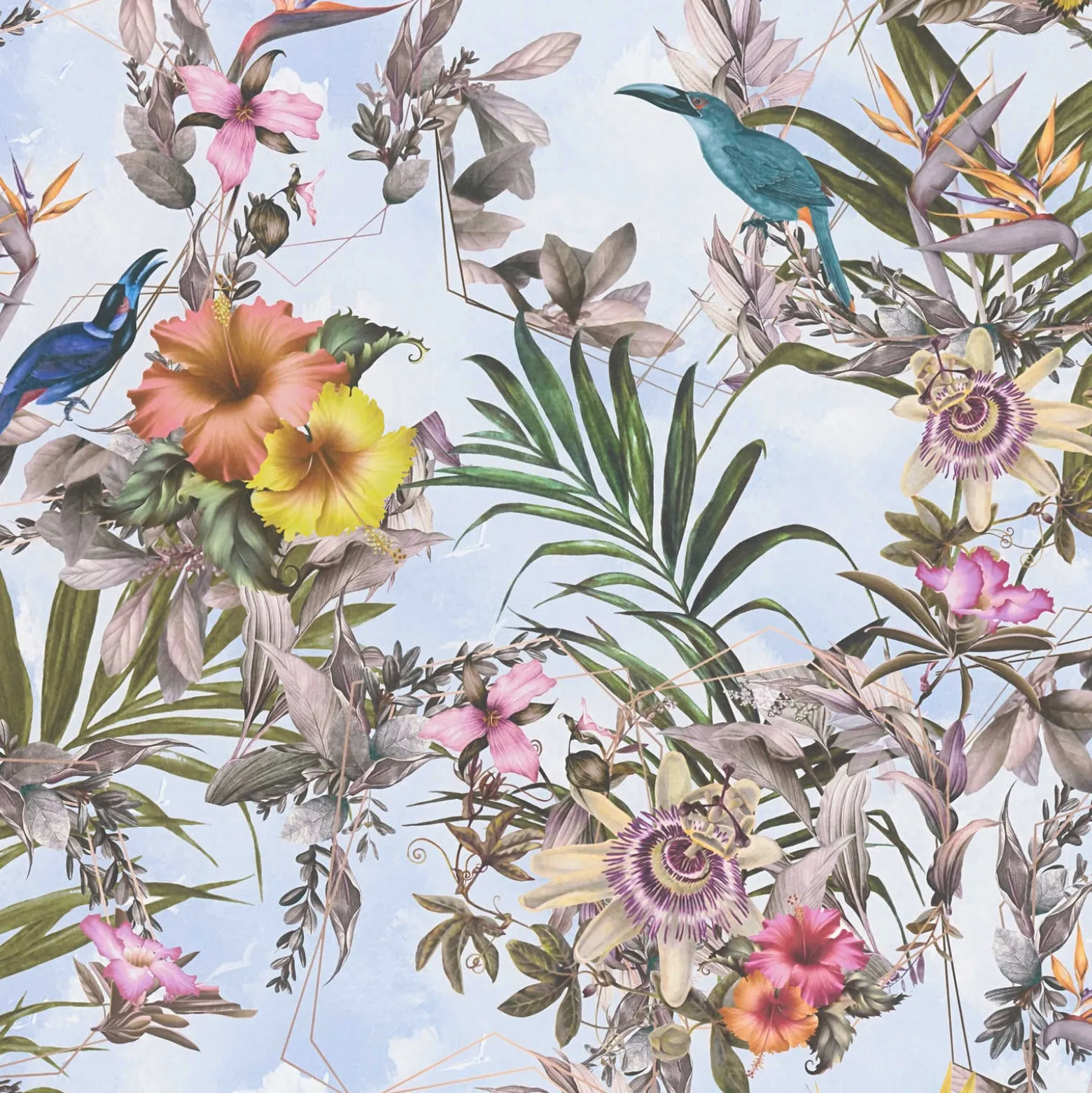 Vliestapete Blumen Vögel Floral blau bunt 38178-4