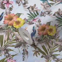 Vliestapete Blumen Vögel Floral blau bunt 38178-4
