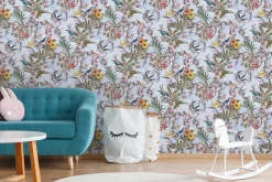 Vliestapete Blumen Vögel Floral blau bunt 38178-4