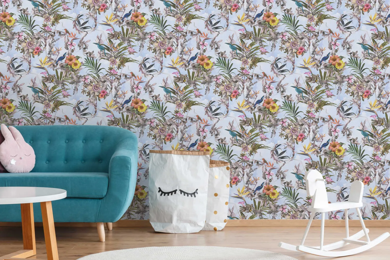 Vliestapete Blumen Vögel Floral blau bunt 38178-4