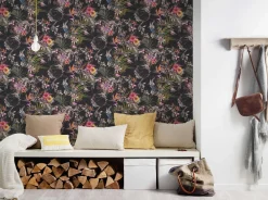 Vliestapete Blumen Vögel Floral schwarz bunt 38178-1
