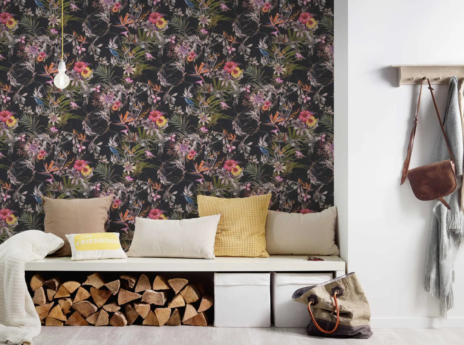 Vliestapete Blumen Vögel Floral schwarz bunt 38178-1