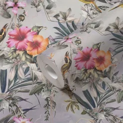 Vliestapete Blumen Vögel Floral grau bunt 38178-2