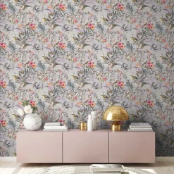 Vliestapete Blumen Vögel Floral grau bunt 38178-2