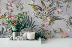 Vliestapete Blumen Vögel Floral grau bunt 38178-2