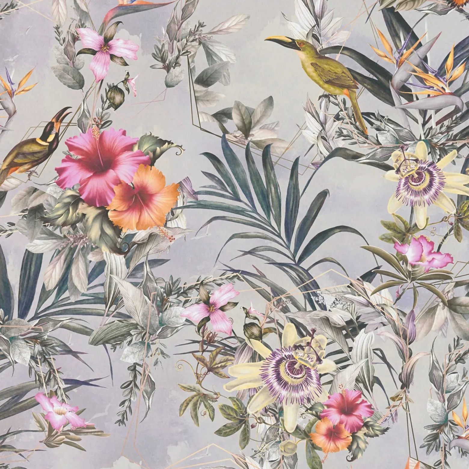 Vliestapete Blumen Vögel Floral grau bunt 38178-2