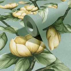 Vliestapete Blumen Zweige Blau Gelb Grün 89035