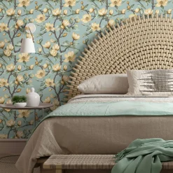 Vliestapete Blumen Zweige Blau Gelb Grün 89035