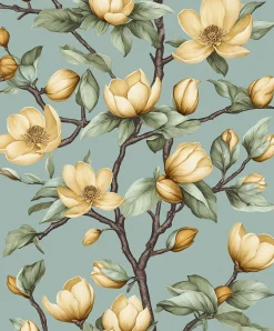 Vliestapete Blumen Zweige Blau Gelb Grün 89035