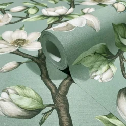 Vliestapete Blumen Zweige Blau Grün Weiß 89037