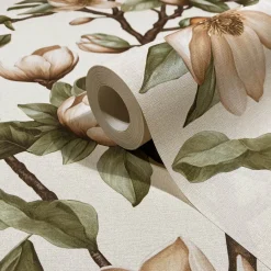 Vliestapete Blumen Zweige Creme Beige Grün 89034
