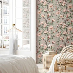 Vliestapete Blumen Zweige Grau Grün Rosa 89033