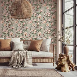 Vliestapete Blumen Zweige Grau Grün Rosa 89033