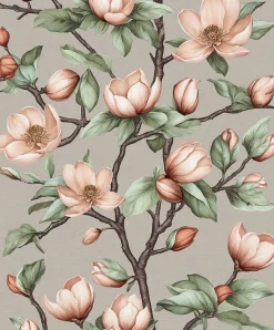 Vliestapete Blumen Zweige Grau Grün Rosa 89033