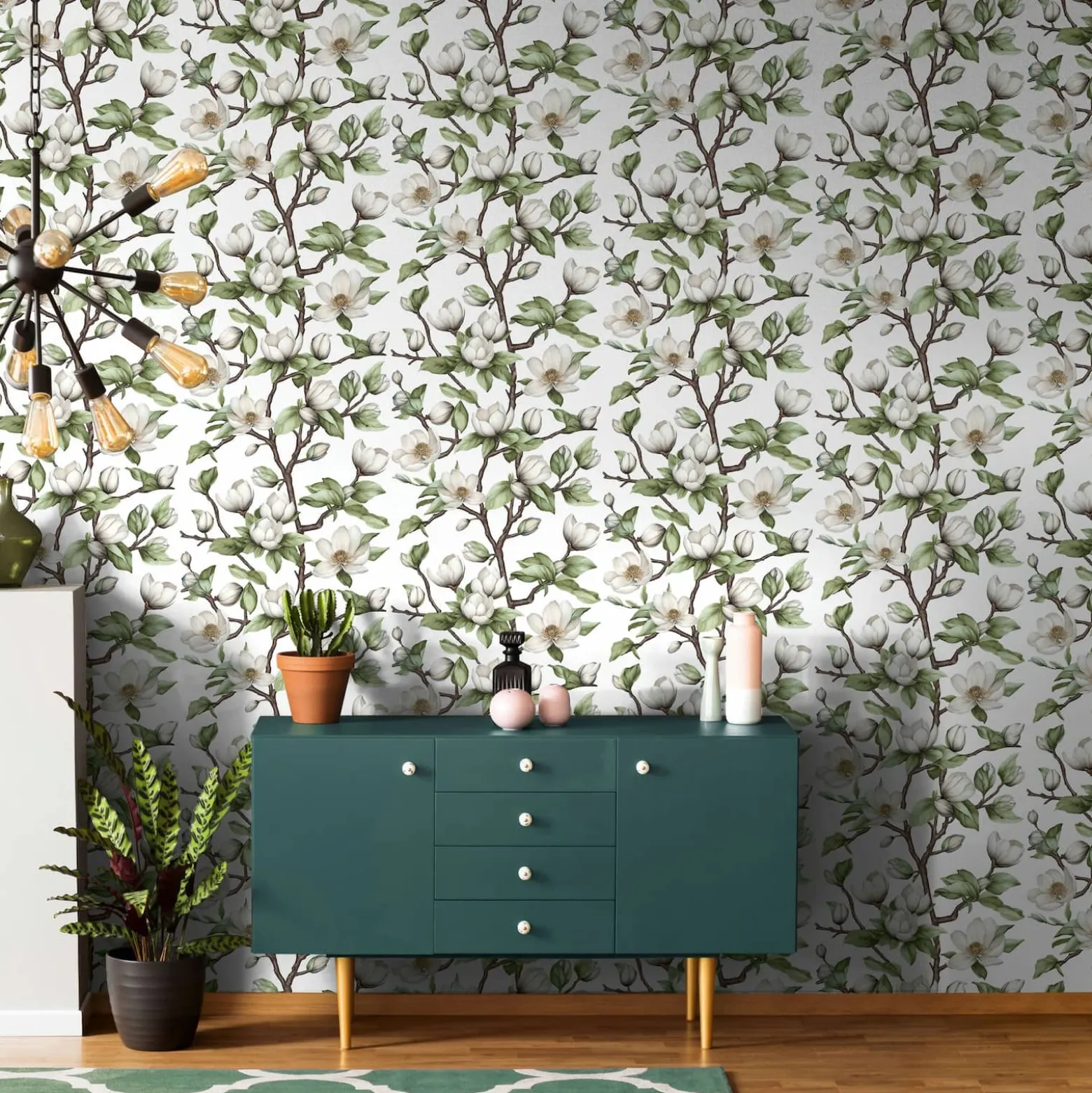Vliestapete Blumen Zweige Weiß Grün Braun 89038