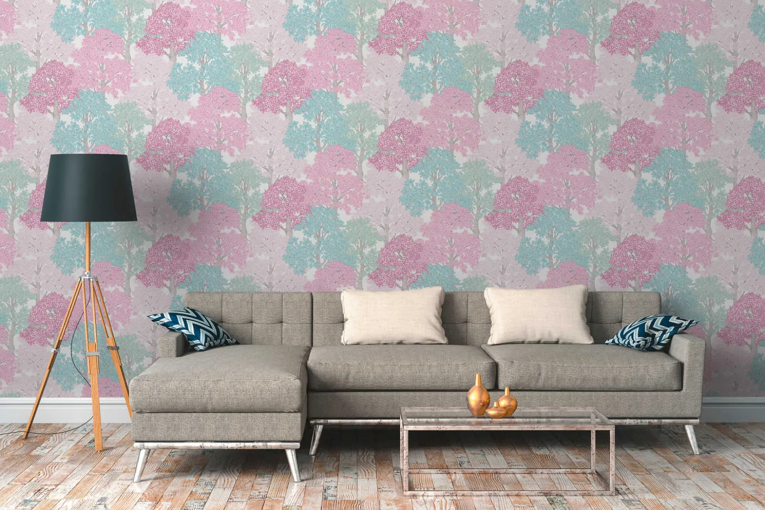 Vliestapete Bäume Blätter weiß pink blau 37753-5