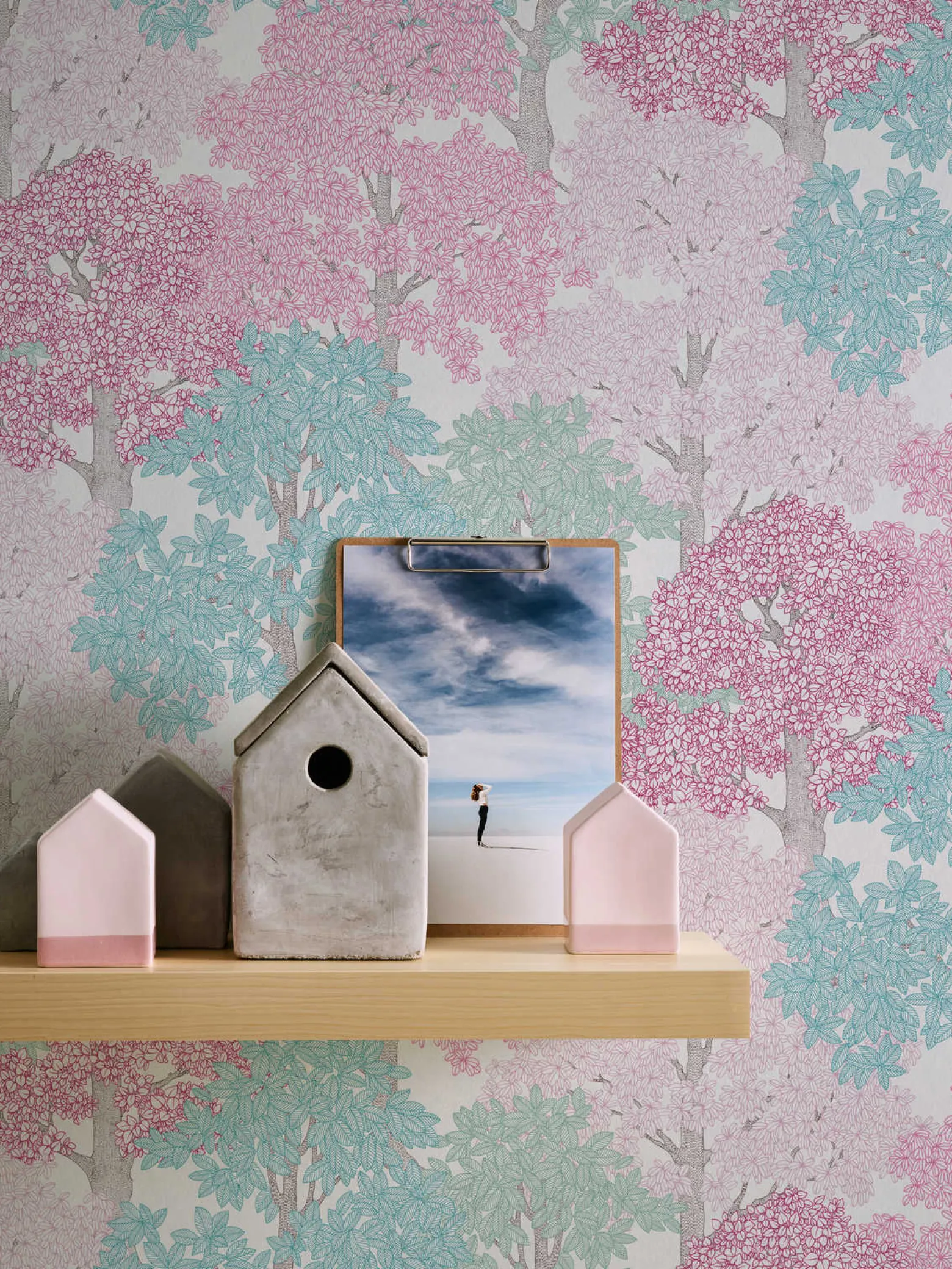 Vliestapete Bäume Blätter weiß pink blau 37753-5