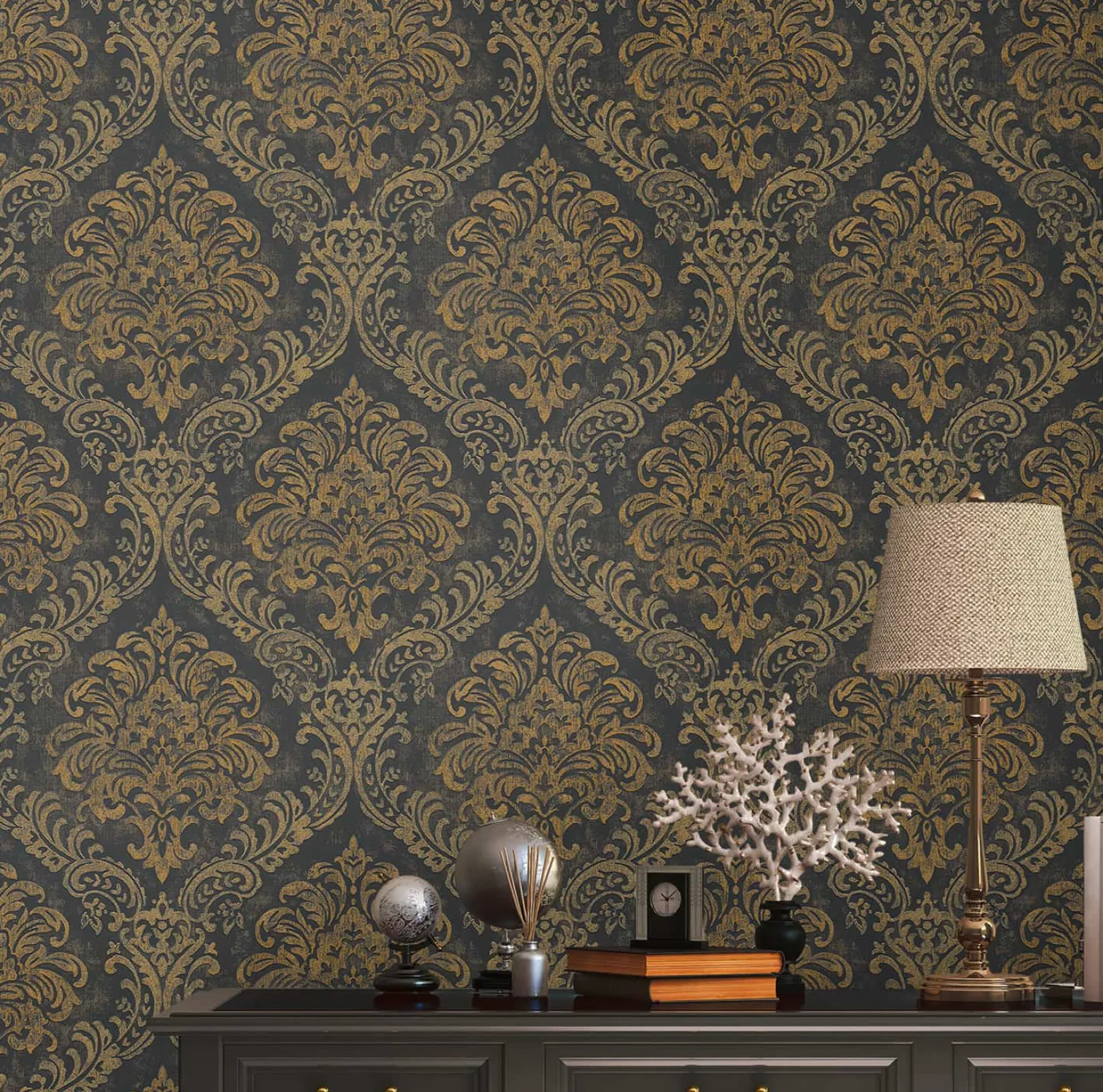 Vliestapete Damast Motiv Metallic Schwarz Gold 39112-3